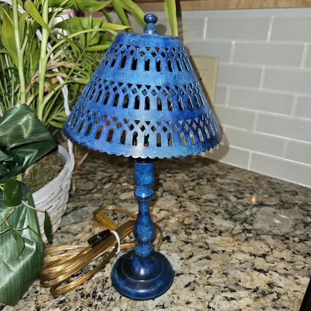 Vintage Metal Lamp With Pierced Metal Shade 13